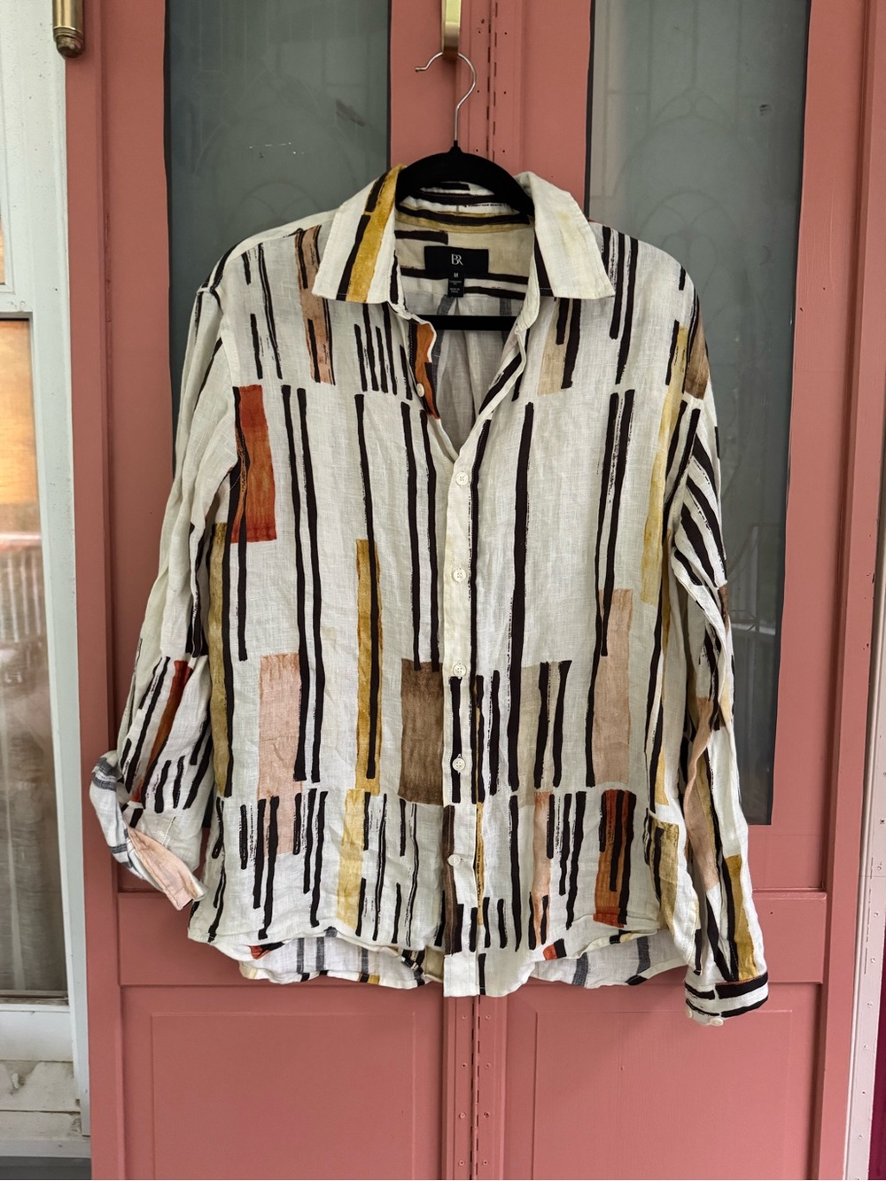 Banana Republic 100% Linen Cream Button-Down Shirt Brown & Mustard Stripes